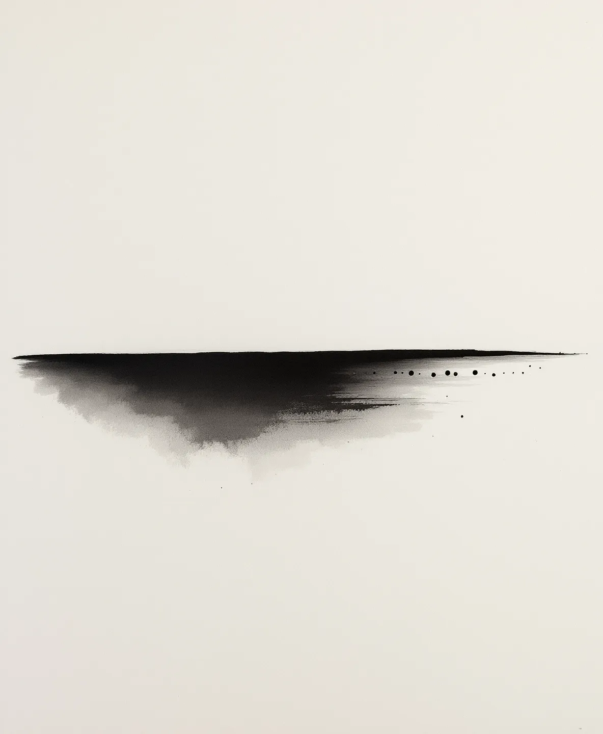 Hero sumi-e plate: a long ink brushstroke with thirty quiet residue dots, a small isometric scaffold beneath, and a single vermillion seal in the lower-right on rice paper