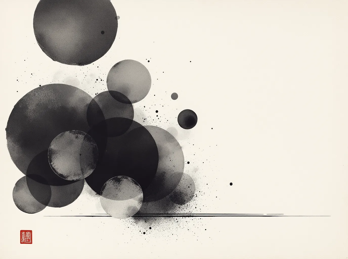 Plate V: asymmetric sumi-e scatter of ink-wash circles of varying density on a baseline hairline, with a partially-pressed vermillion seal in the lower-right on rice paper