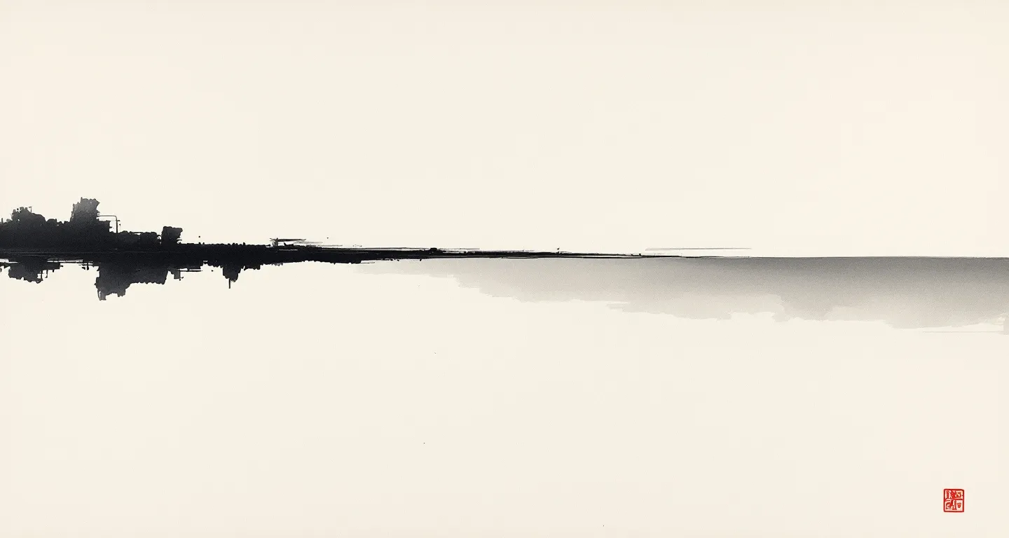 Plate VII: a sumi-e horizontal ink-wash band fading into Ma with a half-pressed vermillion closing seal on rice paper