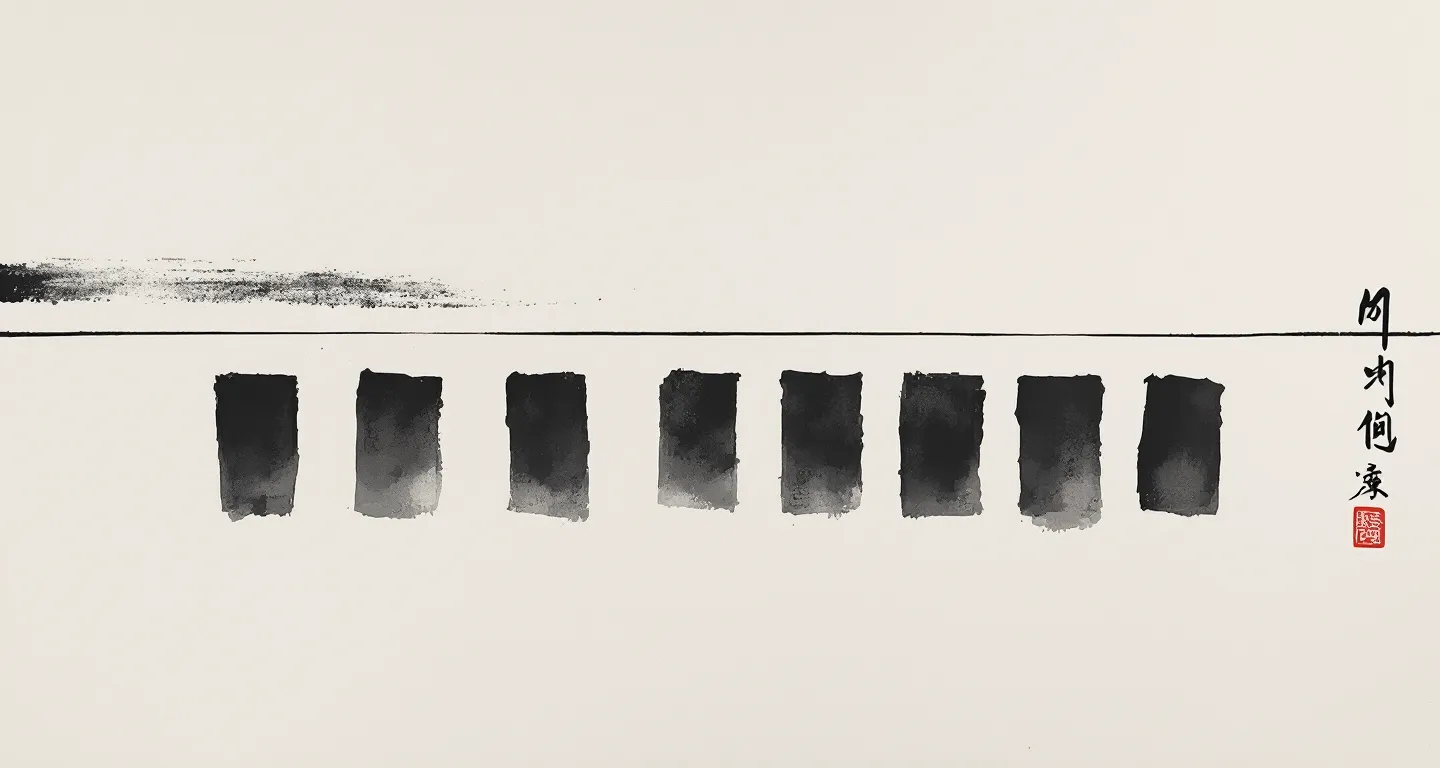 Plate VIII: ten quiet sumi-e vertical rectangles suggesting a shelf of scroll volumes beneath a hairline rule with a vermillion seal on rice paper